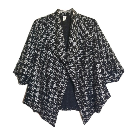 Black Silver Large Houndstooth Pattern Curvesque Cape Scattered Sequin Jacket  L - Picture 1 of 4